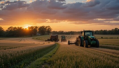 Fototapeta premium Beautiful Sunset Over Agricultural Field with Tractors Working