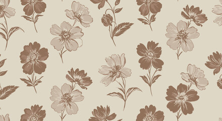 Floral pattern design in vintage style with brown flowers on cream  