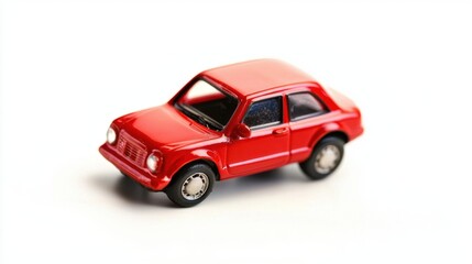 Fototapeta premium Small red toy car against white backdrop showcasing intricate details and vibrant color