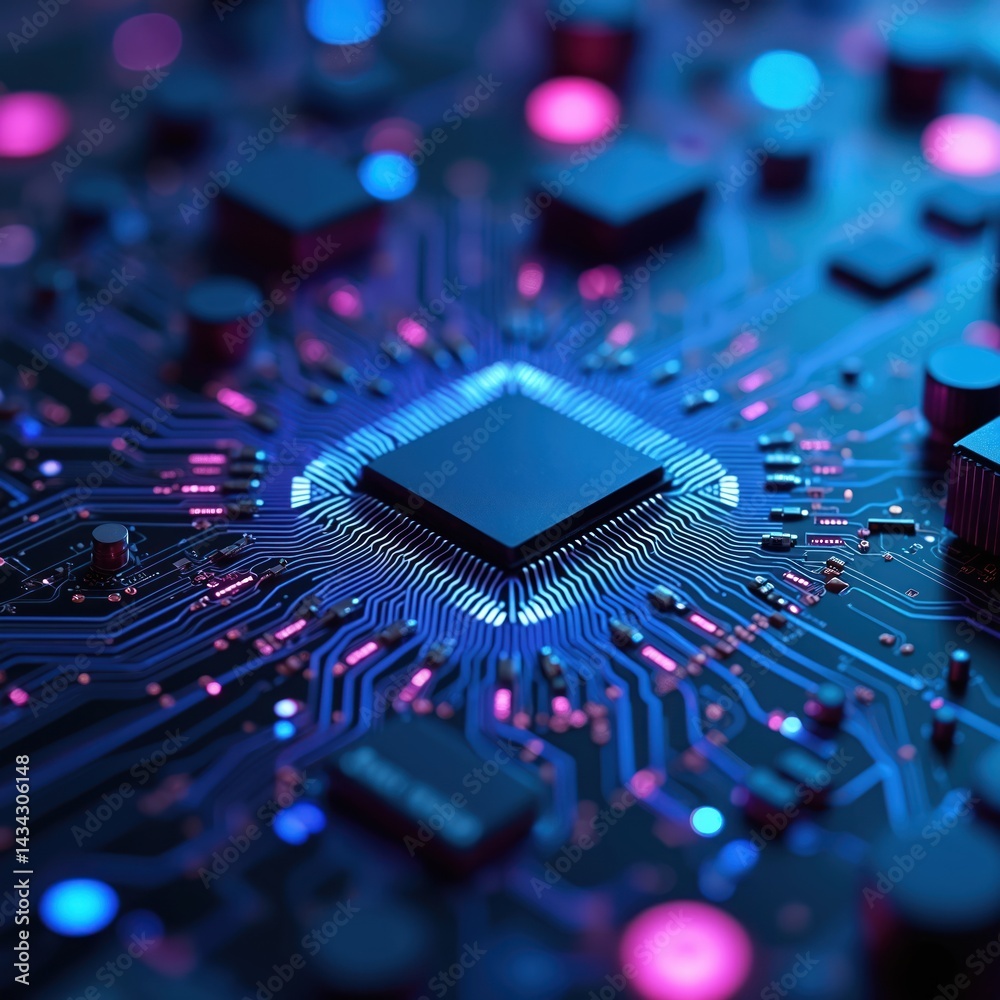 Poster blue-violet tech background micro circuit board. electronic microchip processor, digital information