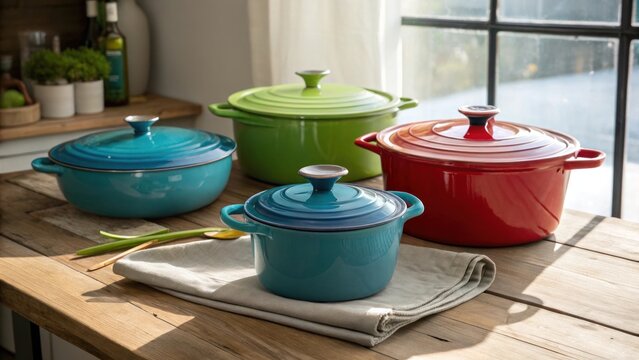 Colorful enamel cookware on rustic wooden table by window display