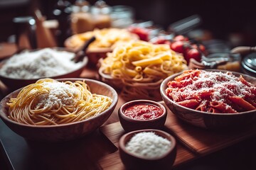 A mouthwatering pasta bar with options like spaghetti, penne, and fettuccine, showcasing a variety of sauces and toppings for a delicious meal.