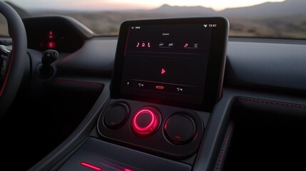 Close-up of modern car dashboard with illuminated controls and touchscreen panel.