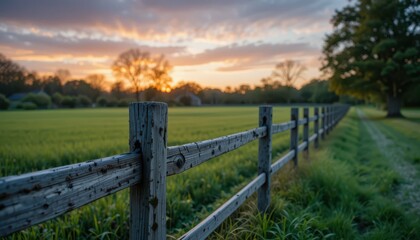 Fototapeta premium Serene Sunset Over Lush Green Field with Rustic Wooden Fence
