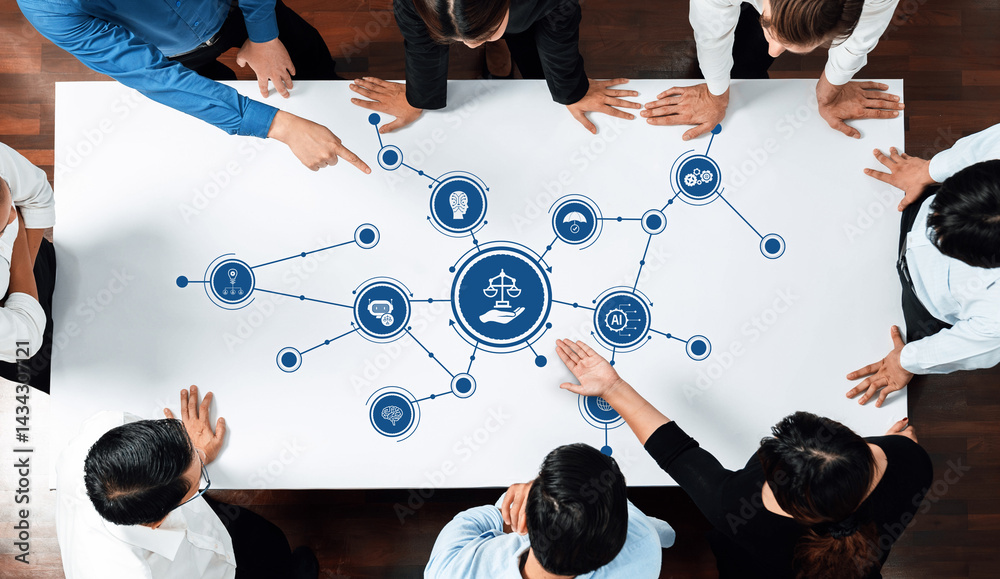 Poster A diverse group of professionals engages in a collaborative discussion on ethics in business, illustrated by visual symbols of justice and technology integration. Amity