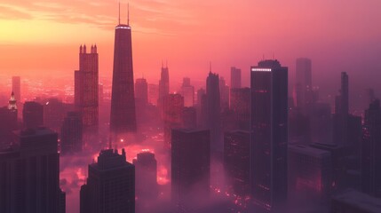 Fototapeta premium Cityscape sunset, hazy skyline, aerial view, urban landscape, futuristic design, website banner