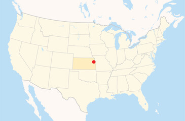 Location Map of the city Lawrence in Kansas, USA. The state is marked orange and the city is highlighted with a red dot. No labels at all.