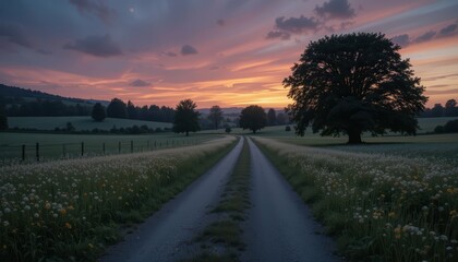 Obraz premium Serene Country Road at Sunset with Vibrant Sky and Trees