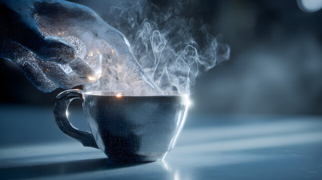 Warm Beverage Moment: An ethereal hand gently interacts with a steaming cup, the image portraying a sense of comfort and tranquility. 