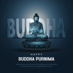 Happy Vesak Day, Buddha Purnima wishes greetings with buddha and lotus illustration. Can be used for poster, banner, logo, background, greetings, print design. abstract illustration design.