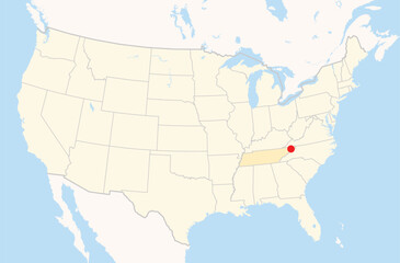 Location Map of the city Johnson City in Tennessee, USA. The state is marked orange and the city is highlighted with a red dot. No labels at all.