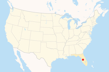 Location Map of the city Lakeland in Florida, USA. The state is marked orange and the city is highlighted with a red dot. No labels at all.