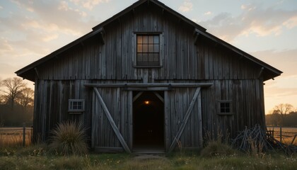 Obraz premium Rustic Wooden Barn at Sunset with Warm Light and Soft Clouds