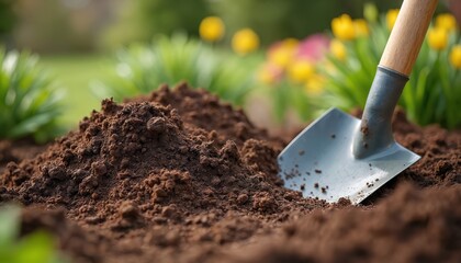Shovel rests on freshly turned soil in garden. Springtime gardening, planting. Healthy gardening, horticulture. Rich greenery, vibrant flowers, blooming plants create fresh nature background.