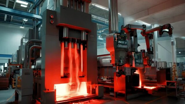 Hydraulic presses forging metal parts, robotic systems moving red-hot metal between stations, and cool mist jets preventing overheating.
