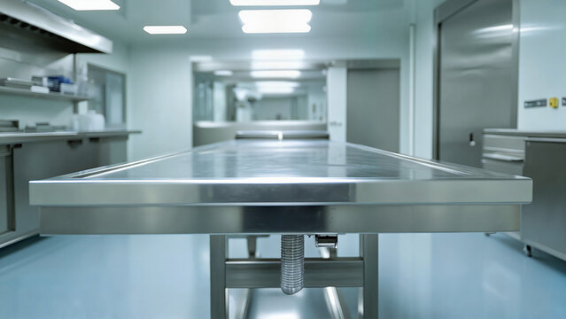 Sterile Embalming Room with Modern Equipment, Ideal for medical documentation, mortuary science education, and funeral industry marketing