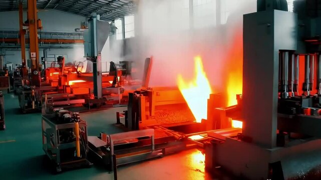Hydraulic presses forging metal parts, robotic systems moving red-hot metal between stations, and cool mist jets preventing overheating.
