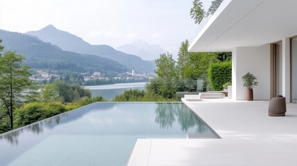 Fototapeta premium Modern luxury home with infinity pool overlooking lake and mountains