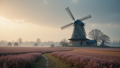 Serene Windmill Surrounded by Lavender Fields at Dusk