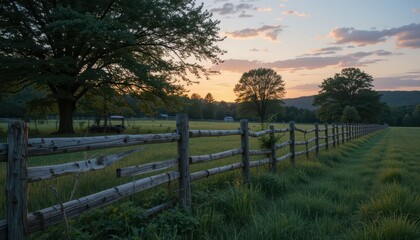 Fototapeta premium Serene Sunset Over Rolling Pasture with Wooden Fence and Trees