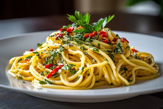 A mouthwatering plate of Italian spaghetti aglio e olio, pasta tossed with garlic and olive oil, garnished with fresh herbs and chili flakes.