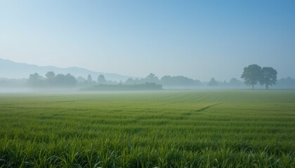 Obraz premium Serene Early Morning Landscape with Lush Green Rice Fields