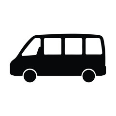 Silhouette of a black van with windows and round wheels, simple design