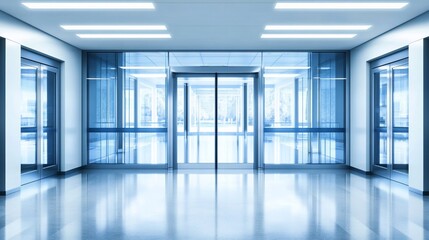 Fototapeta premium Modern, bright hallway with glass doors and elevators in blue tones