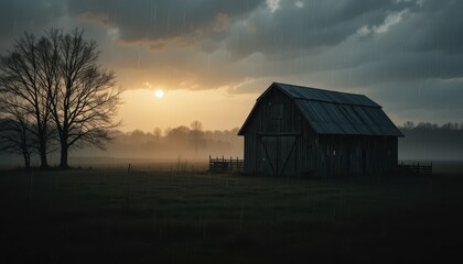 Fototapeta premium Serene Rural Landscape with Barn Under Stormy Sunset Sky