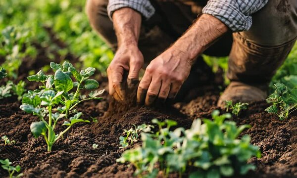 Hands planting green seedlings in sunlit garden rows for sustainable farming