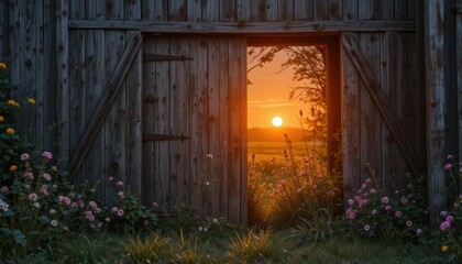 Sunset View Through Wooden Barn Door With Colorful Flowers