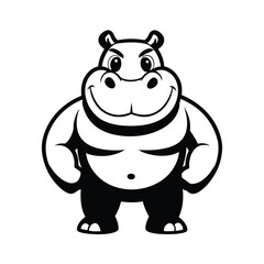 Smiling Hippo Mascot: A friendly, muscular hippo mascot with a wide grin stands proudly, embodying strength and approachability.
