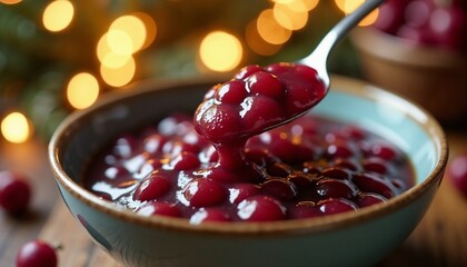 Spoon lifting chunky cranberry sauce from bowl representing festive holiday meals