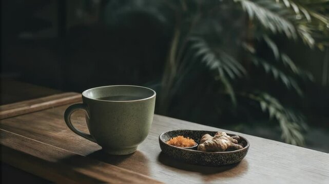 A steaming cup of herbal tea sits next to a small bowl of es like turmeric and ginger highlighting the natural ingredients used to boost metabolism and overall wellness.