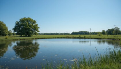 Fototapeta premium Serene Landscape with Calm Water and Lush Greenery in Nature