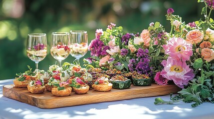 Elegant, colorful appetizers and floral arrangements on a wooden platter.