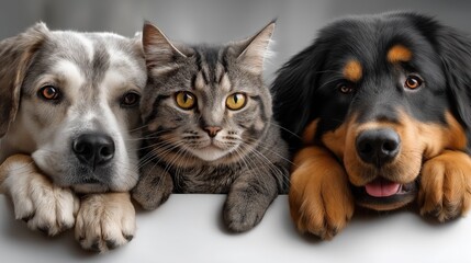 Pets gather around a blank banner ready for fun activities and announcements for pet lovers