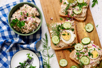Tuna Salad Sandwiches with Eggs and Cucumbers..top veiw
