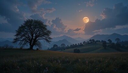 Fototapeta premium Serene Moonlit Landscape with Tree and Mountains at Dusk