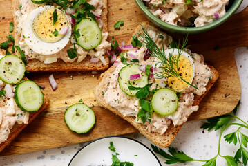 Tuna Salad Sandwiches with Eggs and Cucumbers..top veiw
