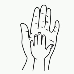 Adult and child hand outline in black line illustration