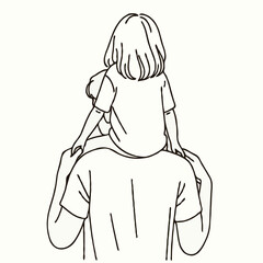 Father carrying daughter on shoulders in line drawing