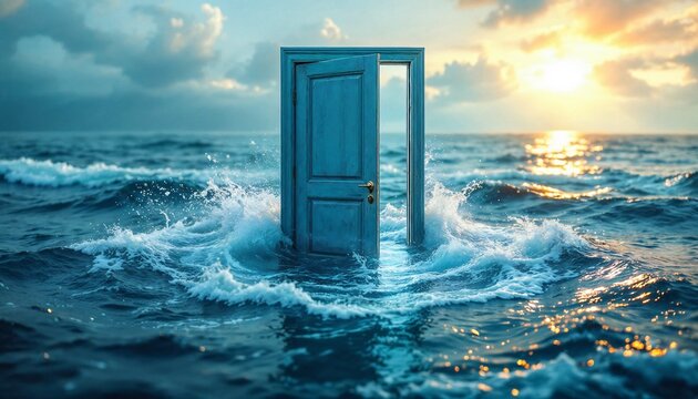 The Door to Opportunity: An open door stands defiantly amidst the tumultuous sea, with the sun peeking through the clouds, symbolizing new beginnings and embracing the unknown.