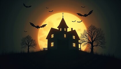 Silhouetted Haunted House Digital Image Against Orange Moon With Bats Representing Halloween Spookiness