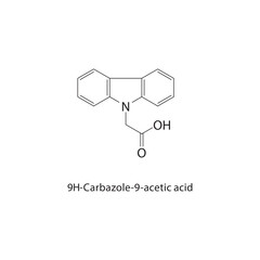 9H-Carbazole-9-acetic acid skeletal structure. Carbazole derivative compound schematic illustration. Simple diagram, chemical formula.