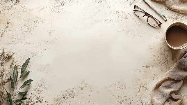 Desk flat lay with leaves, glasses, coffee