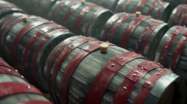 Wine barrels stored in a rustic winery demonstrating traditional aging techniques under soft light