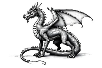 Fototapeta premium Intricate Monochrome Drawing of Dragon with Scales and Wings in Classic Ink Style