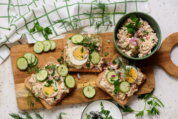 Tuna Salad Sandwiches with Eggs and Cucumbers..top veiw