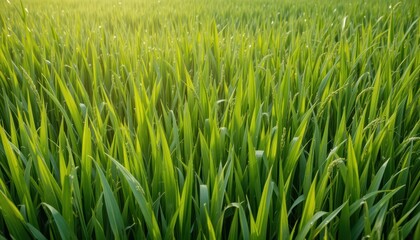 Obraz premium Lush Green Rice Field Under Golden Sunlight at Dusk